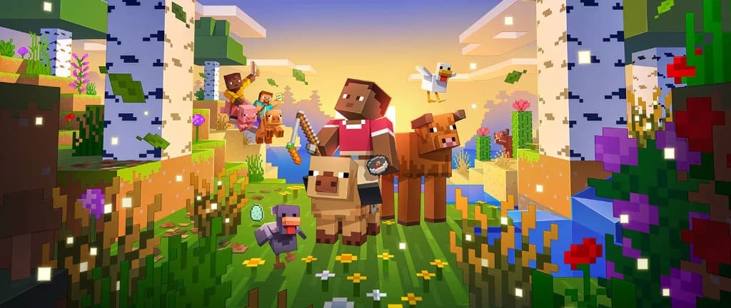 Minecraft landscape with characters and animals