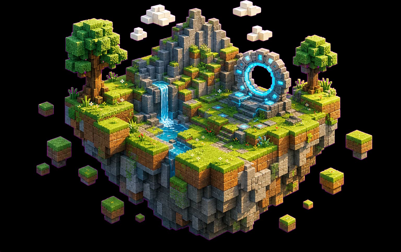 Zwevende voxelwereld met serverportal